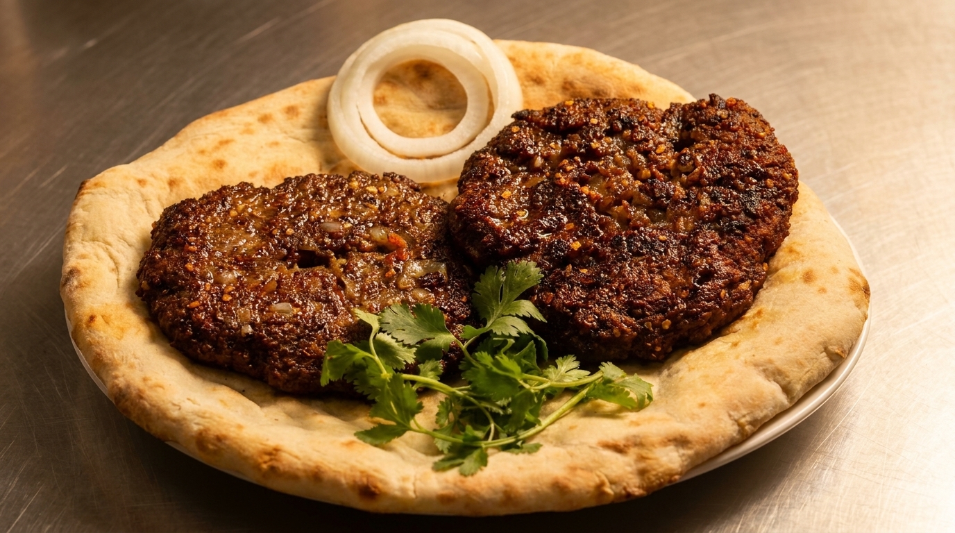 Two chapli kebabs on naan bread, garnished with onion rings and cilantro.