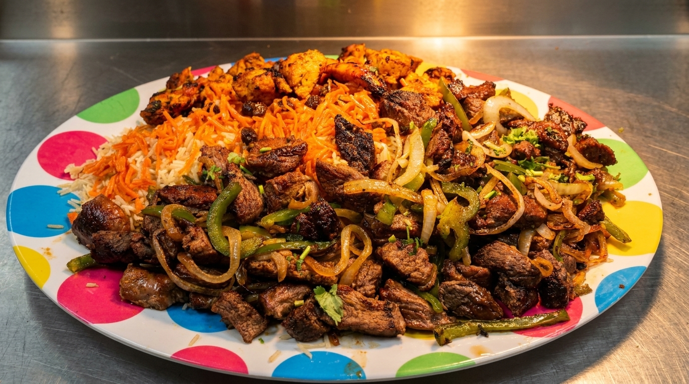 A colorful polka-dotted plate piled high with seasoned beef, chicken, rice, and sautéed vegetables.