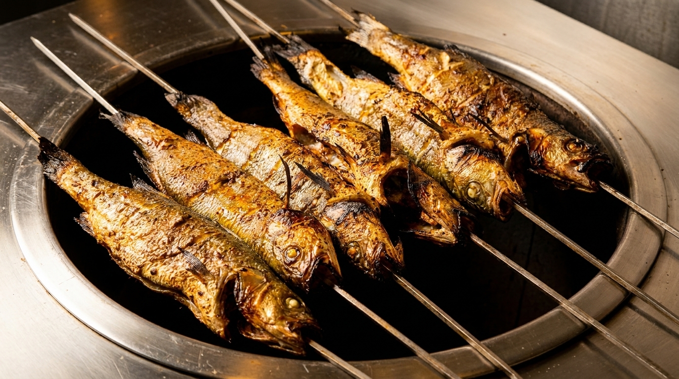 Grilled whole fish on skewers cooking over an open flame in a metal grill.