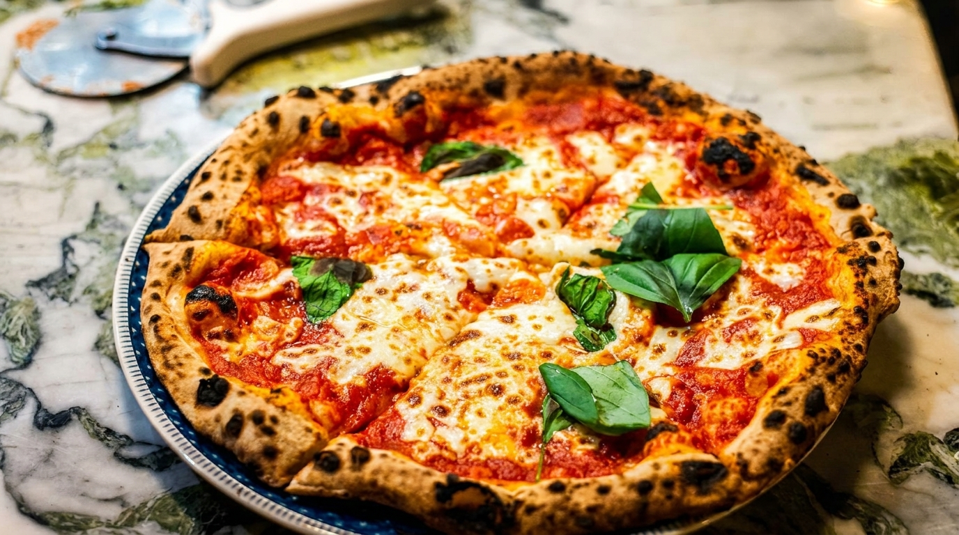 A freshly baked Neapolitan pizza with melted mozzarella, red sauce, and basil on a marble table.
