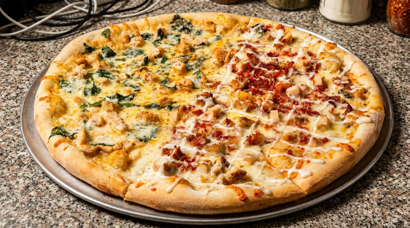 A whole pizza with two halves, one with chicken and spinach, the other with chicken and bacon.