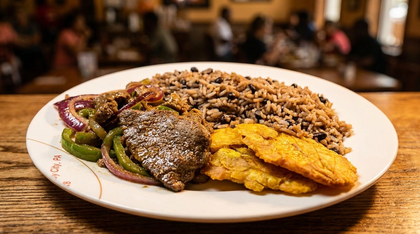 A plate of steak, peppers, onions, rice and beans, and plantains on a wooden table.