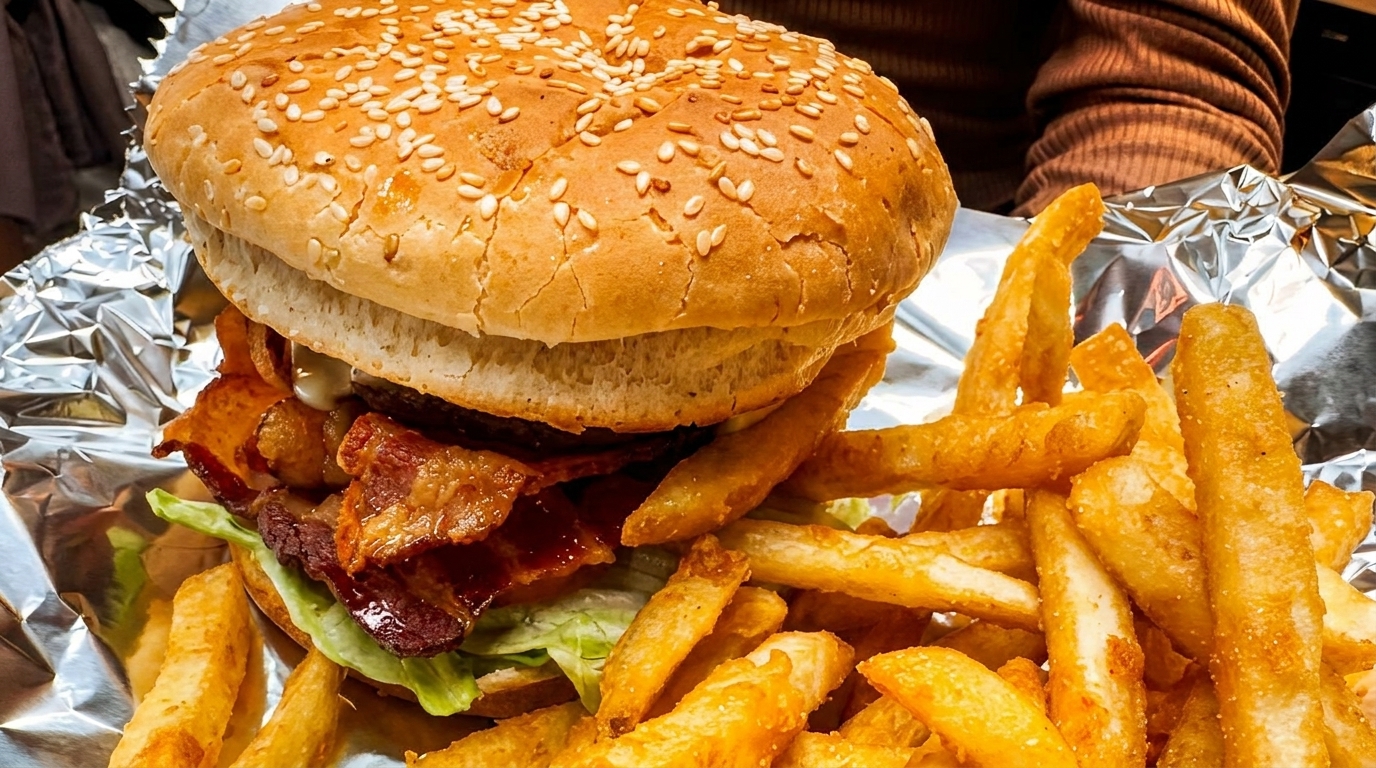A close-up of a bacon cheeseburger with lettuce and fries on aluminum foil.