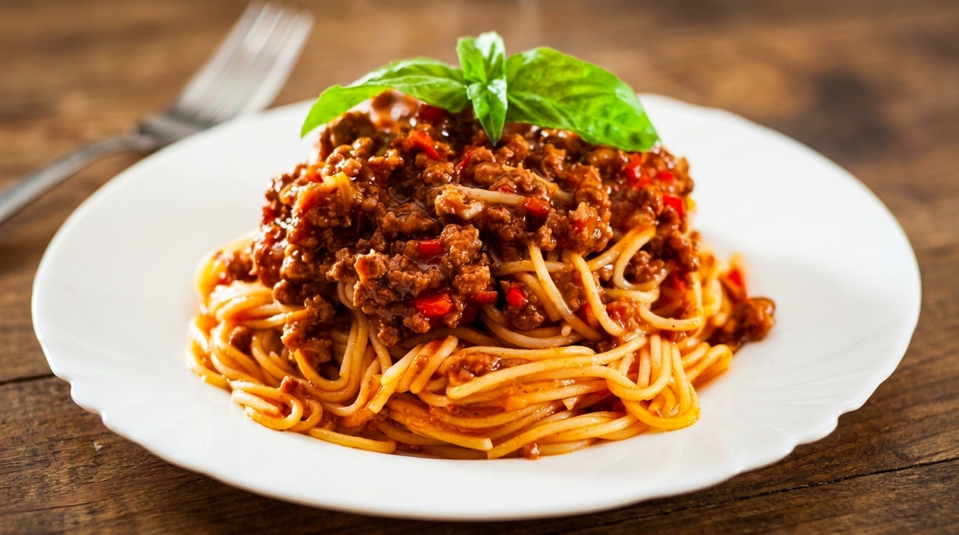 Spaghetti bolognese with a rich meat sauce and fresh basil on a white plate.