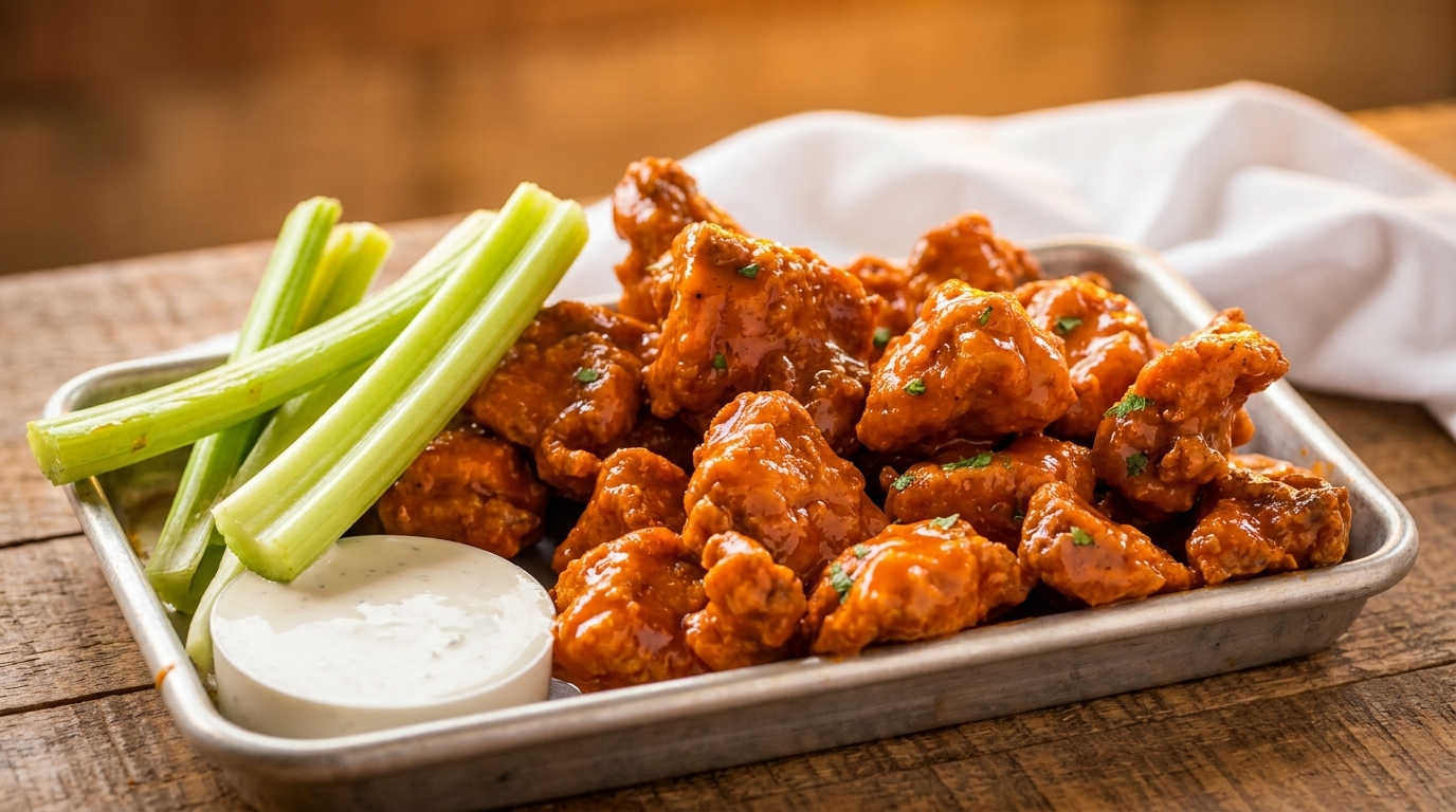 Buffalo chicken wings with celery sticks and ranch dressing on a metal tray.