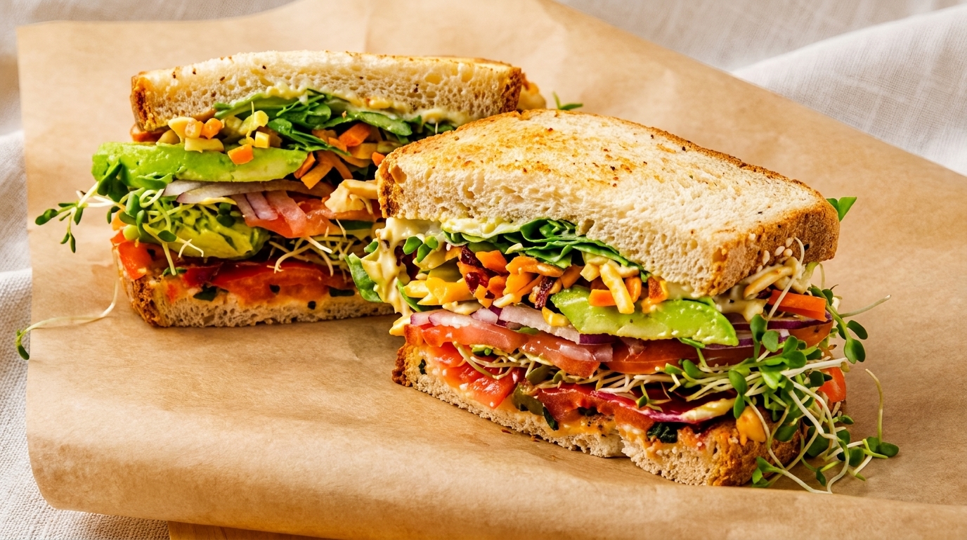 Two large, colorful vegetarian sandwiches with avocado, tomato, sprouts, and other vegetables on toasted bread.