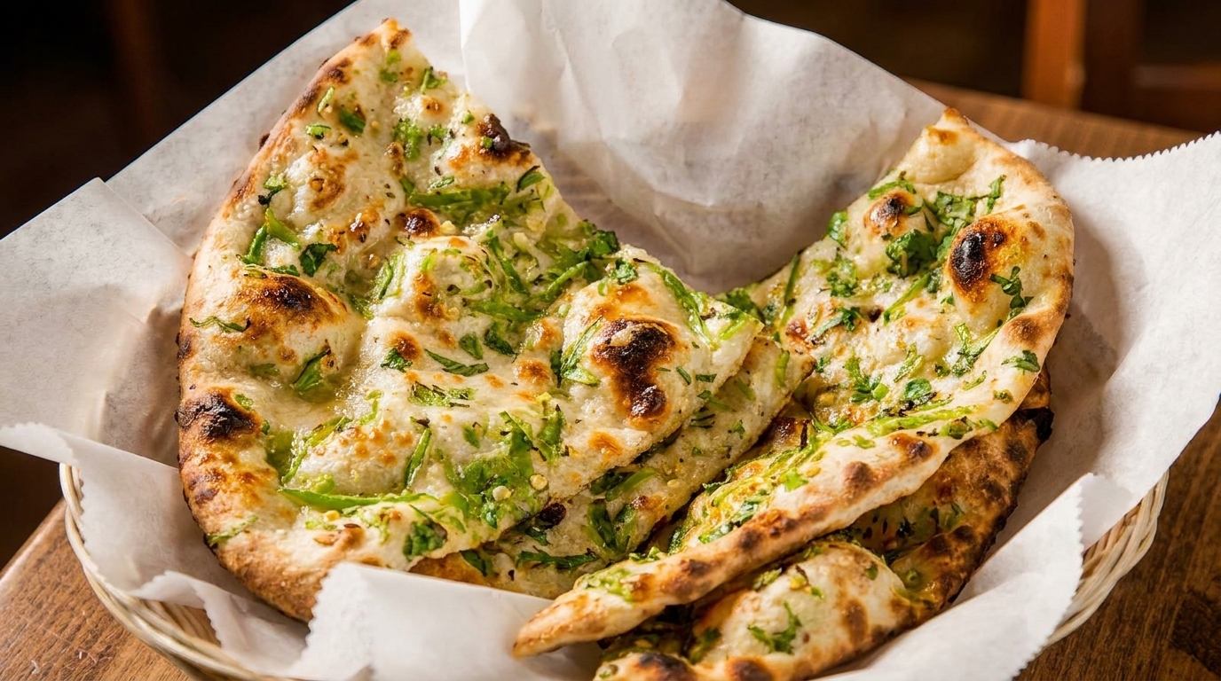 Basket of freshly baked naan bread, topped with green herbs and spices, served in white parchment paper.