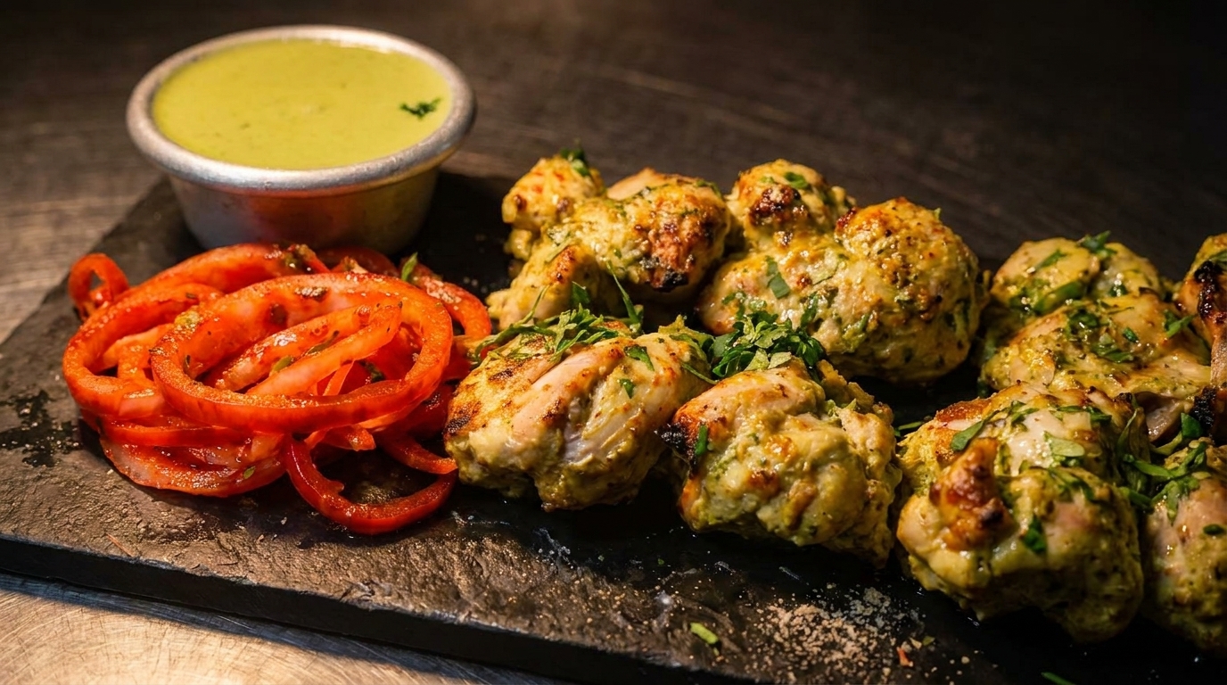 Chicken tikka with red onion rings and green chutney on a dark platter.