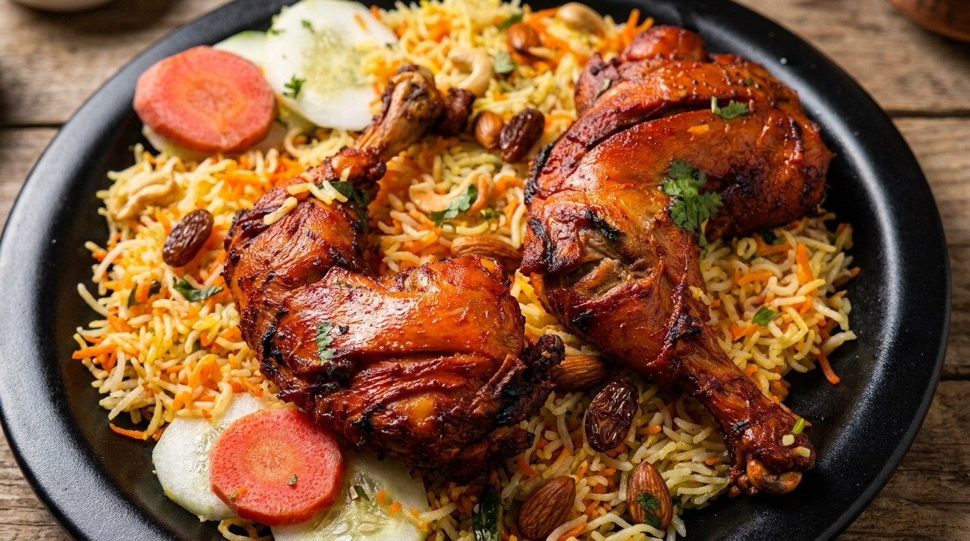 Chicken biryani with roasted chicken pieces, rice, nuts, raisins, and sliced vegetables on a black plate.