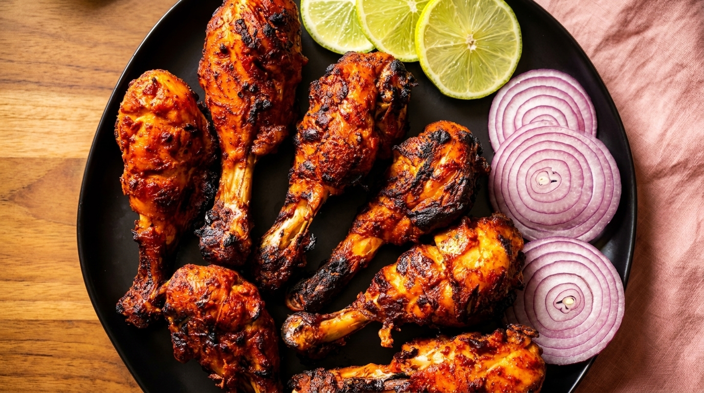 Grilled chicken drumsticks with lime slices and red onion on a black plate.