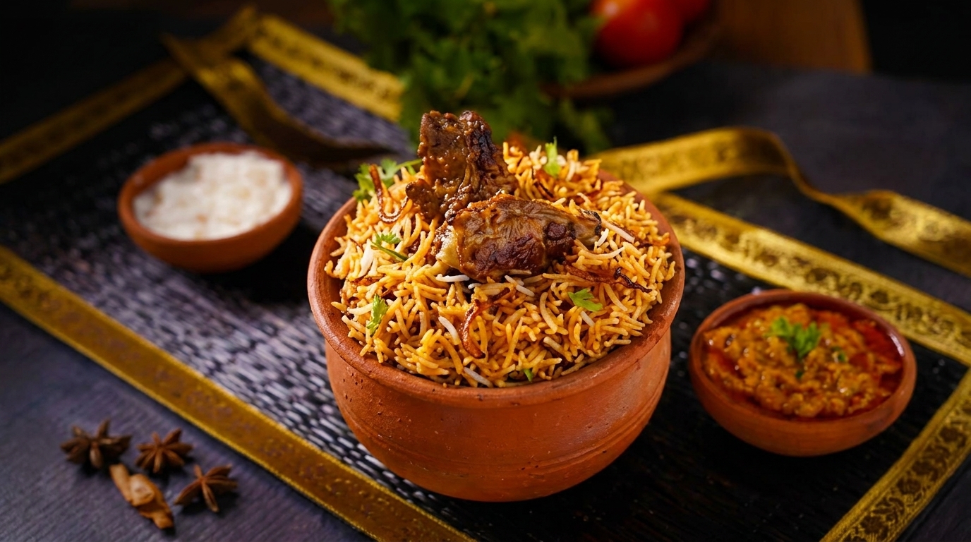 A clay pot of biryani with meat, rice, and herbs, served with side dishes.