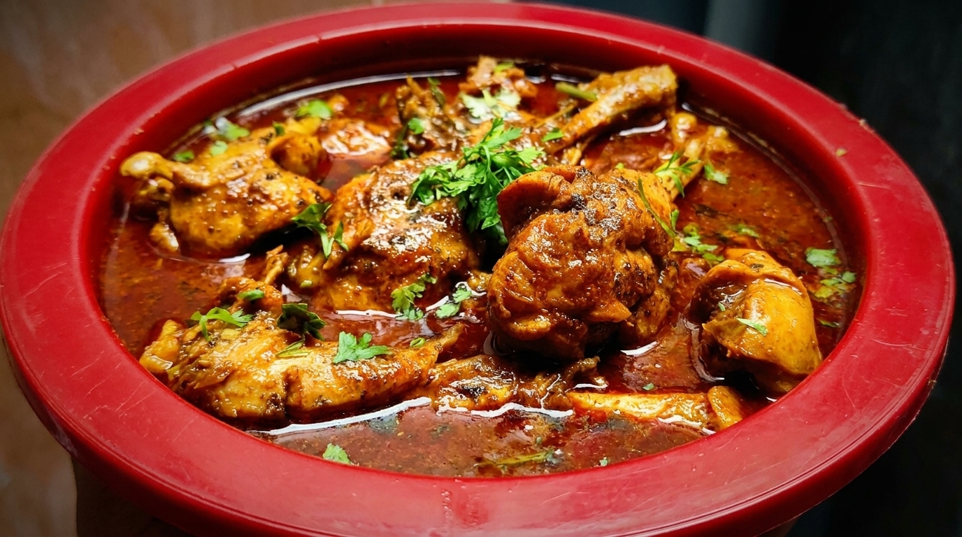 Chicken curry with rich red gravy and fresh cilantro in a red bowl.