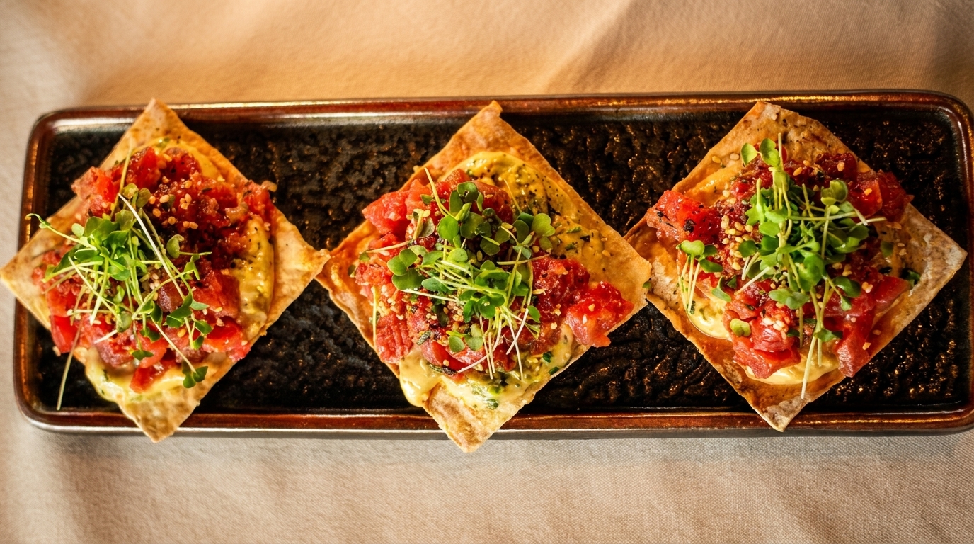 Three square appetizers with diced red tuna, creamy sauce, and microgreens on a dark rectangular plate.