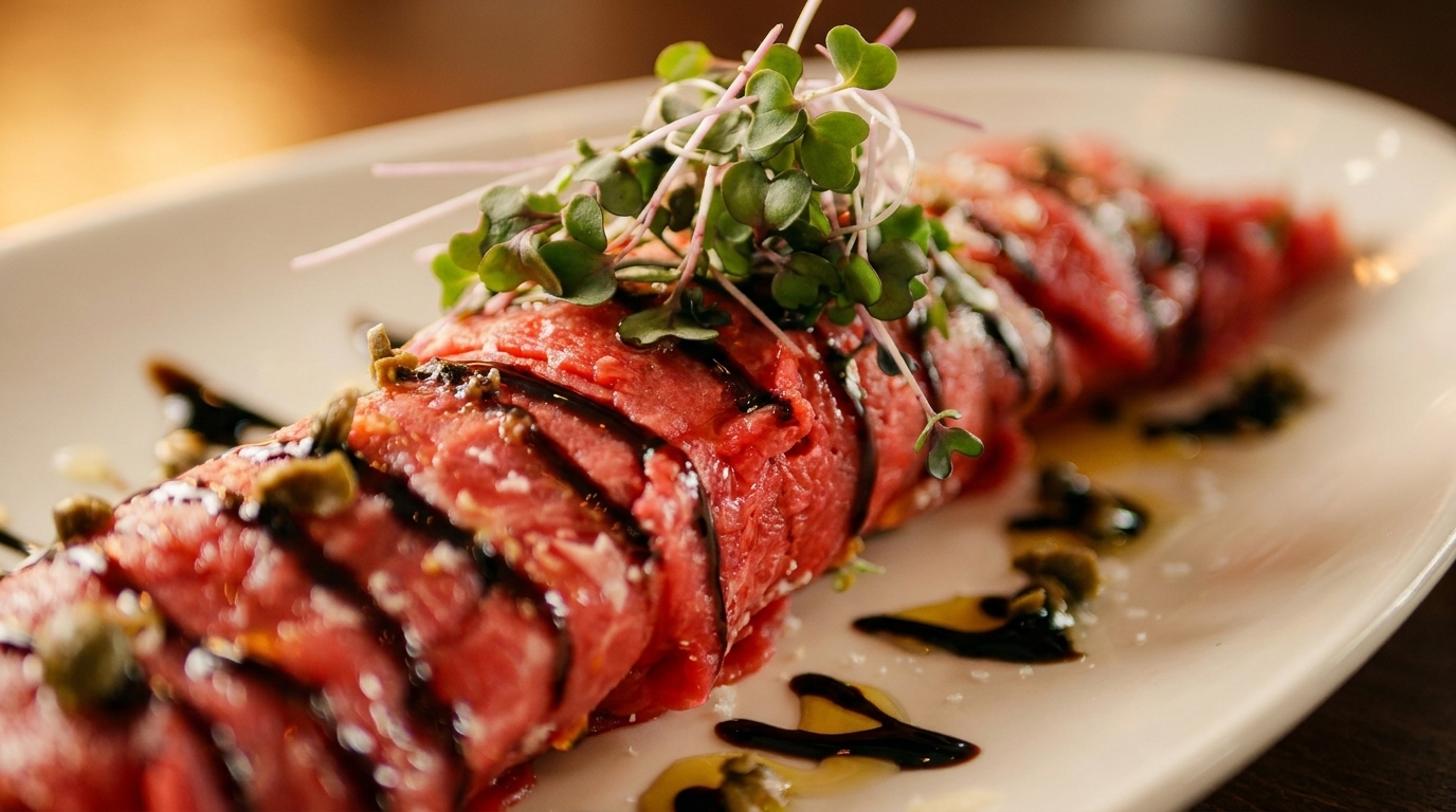 Thinly sliced beef carpaccio with balsamic glaze, capers, and microgreens on a white plate.