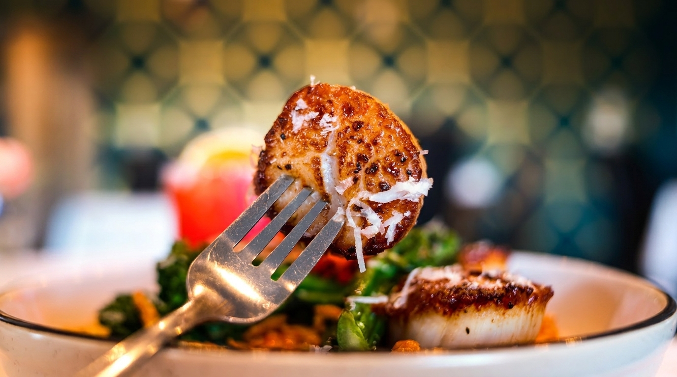 A fork lifts a seared scallop topped with grated cheese from a plate of greens.