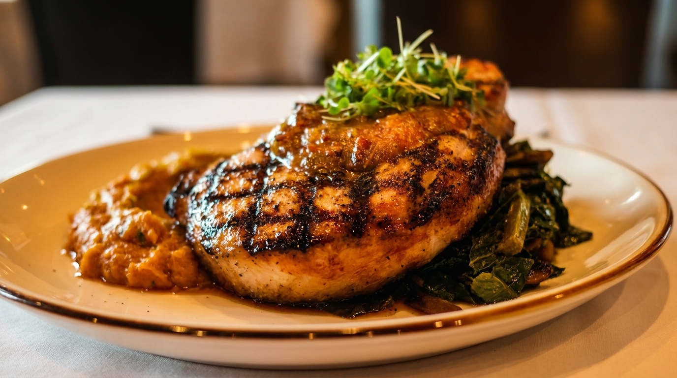 Grilled chicken breast with sauce, microgreens, mashed sweet potatoes, and collard greens on a white plate.