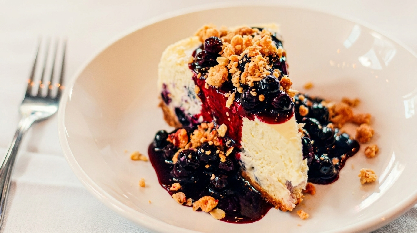 A slice of cheesecake with blueberry topping and crumble on a white plate with a fork.