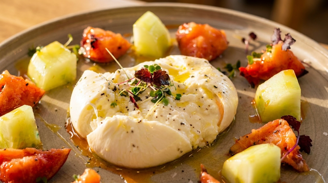 Burrata cheese with olive oil, black pepper, microgreens, and melon pieces on a plate.