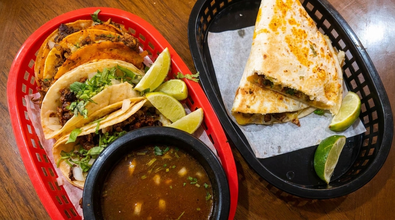 Tacos and quesadillas in baskets with lime wedges and a bowl of consommé on a wooden table.