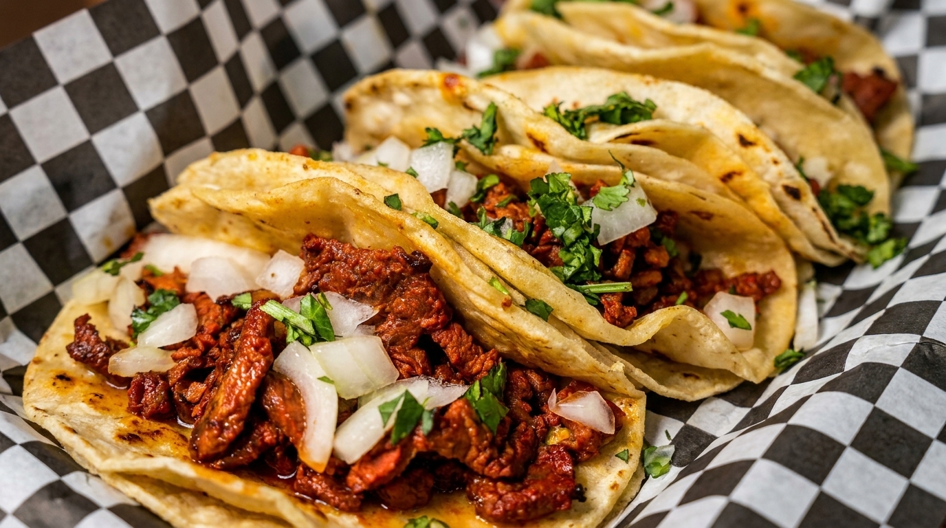 Four street tacos with red meat, diced onions, and cilantro in a checkered paper-lined basket.