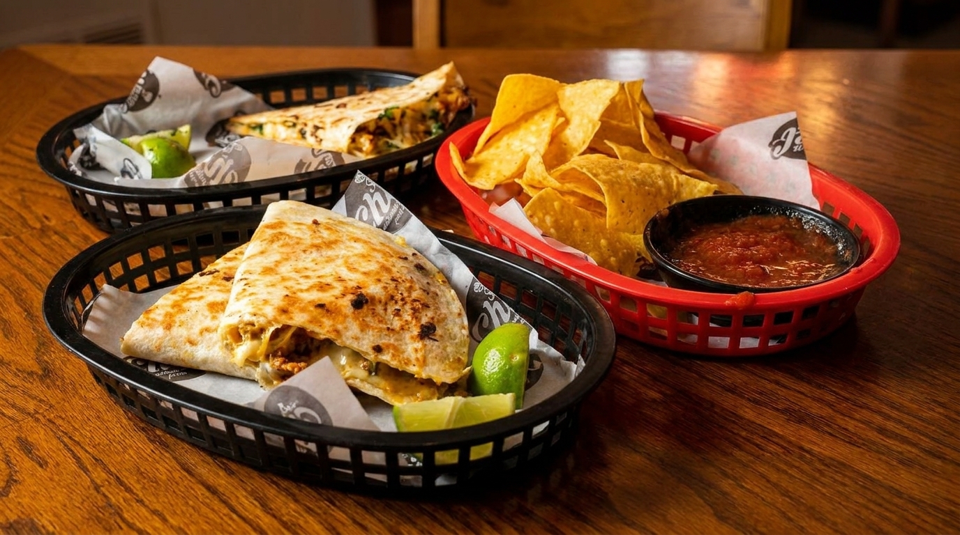 Two baskets of quesadillas with lime wedges, and a basket of tortilla chips with salsa.