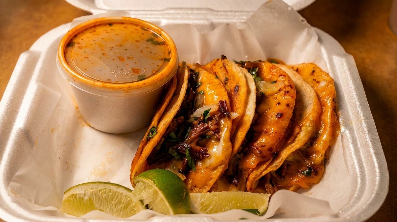 Five birria tacos with melted cheese, cilantro, and onions, with a side of consommé and lime wedges.