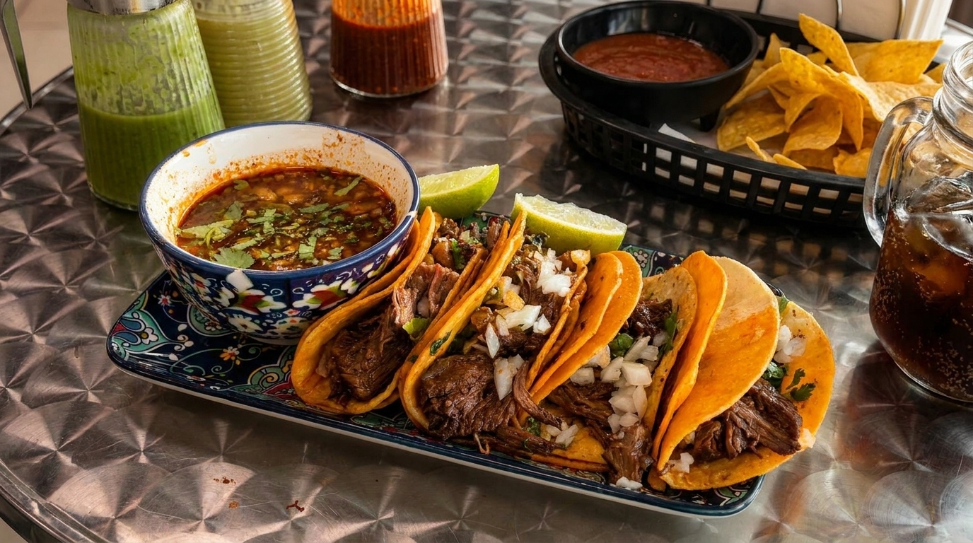 Birria tacos with consommé, chips and salsa, and a drink on a metal table.