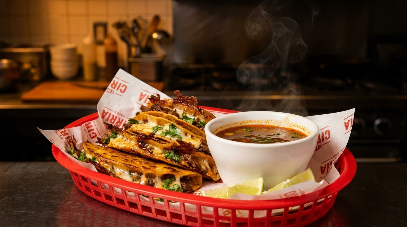 Steaming birria tacos with melted cheese and a side of consommé in a red basket.