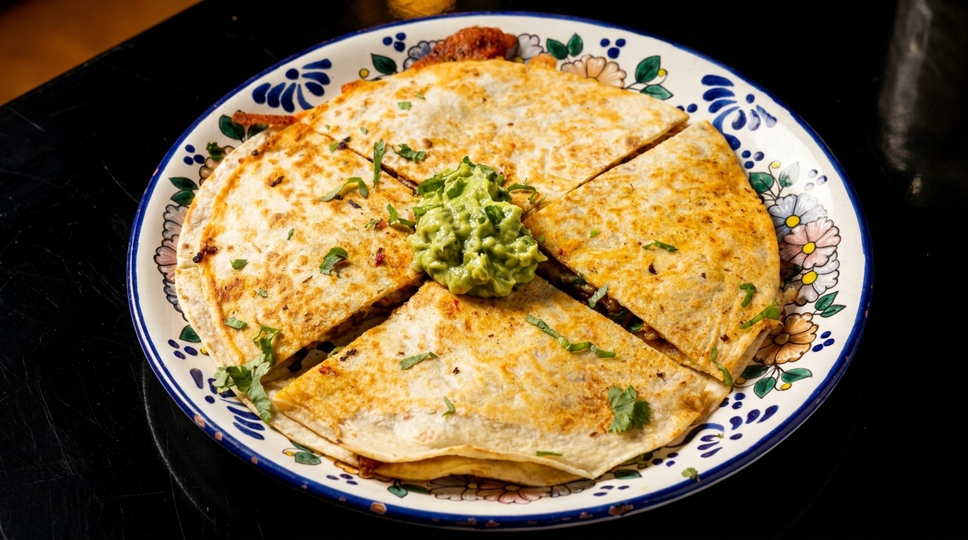 Golden-brown quesadilla cut into four triangles, topped with guacamole and cilantro on a floral plate.