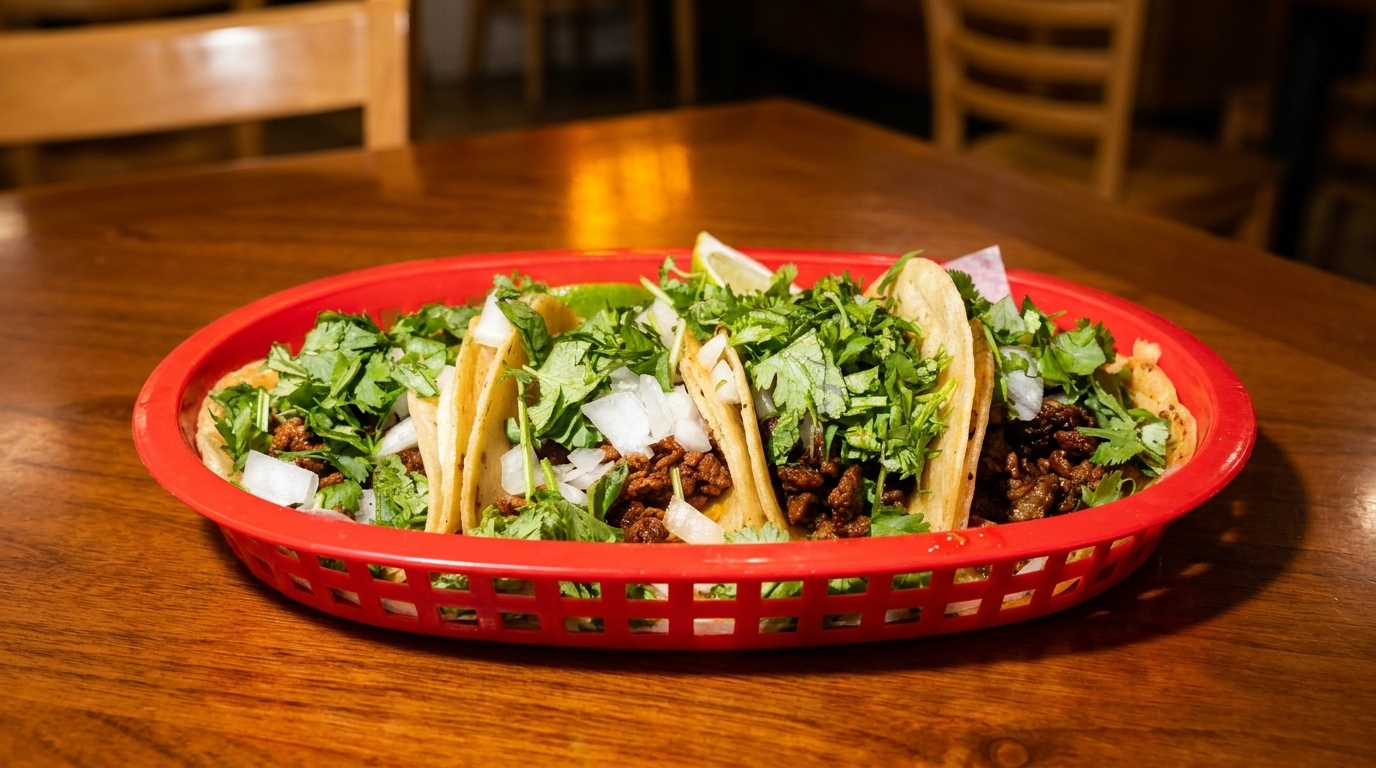 Four street tacos with meat, cilantro, and onions in a red basket on a wooden table.