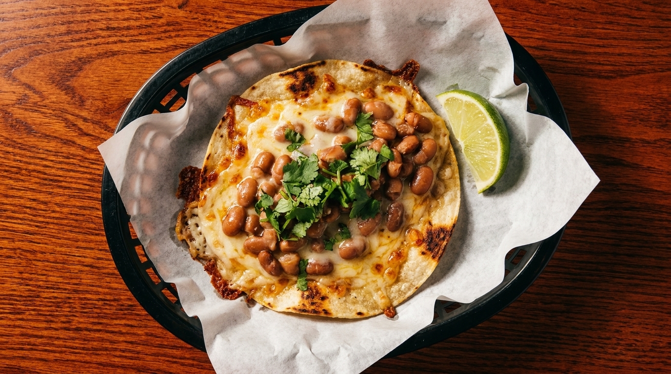 A bean and cheese quesadilla with cilantro and a lime wedge in a basket on a wooden table.
