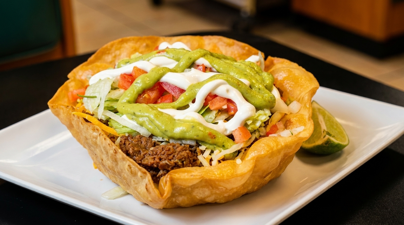 A taco salad in a crispy fried tortilla bowl, topped with meat, lettuce, tomatoes, cheese, sour cream, and guacamole.