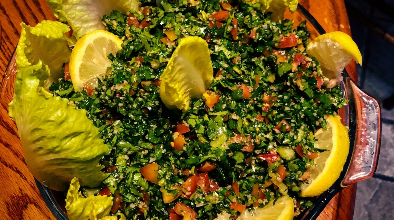 Close-up of a vibrant tabbouleh salad with fresh parsley, tomatoes, and lemon wedges.