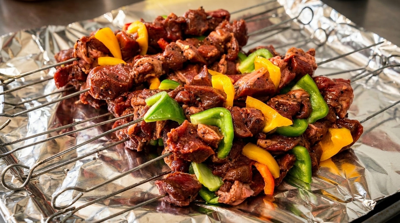 Marinated beef and colorful bell pepper skewers resting on a foil-lined baking sheet.
