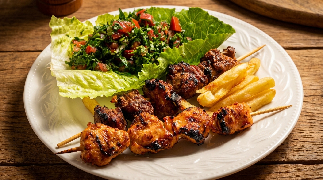Grilled chicken and beef skewers with french fries and a side salad on a white plate.