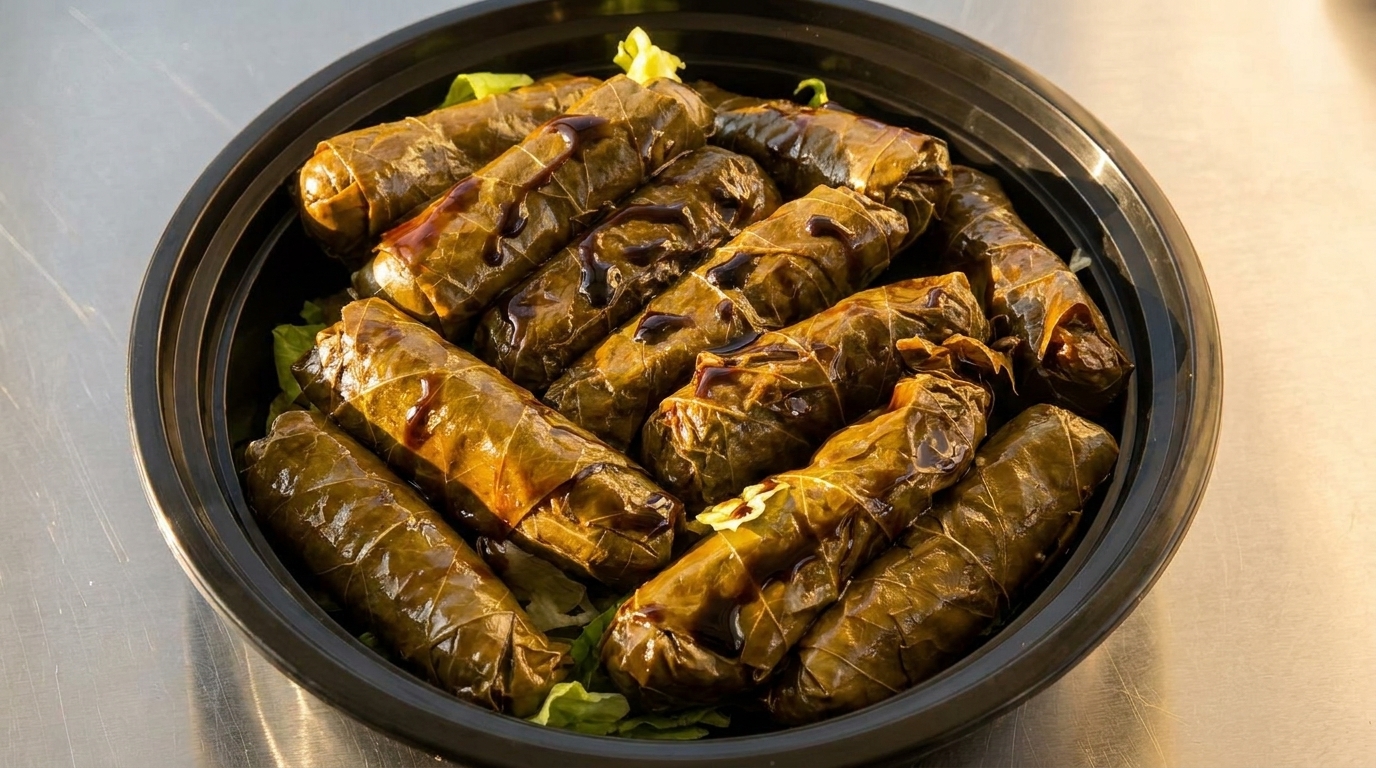 A black bowl filled with dolmades (stuffed grape leaves) drizzled with a dark sauce.