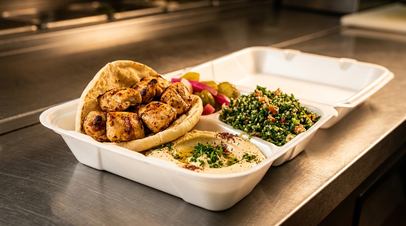 Grilled chicken skewers in pita bread, hummus, tabbouleh, and pickles in a takeout container.