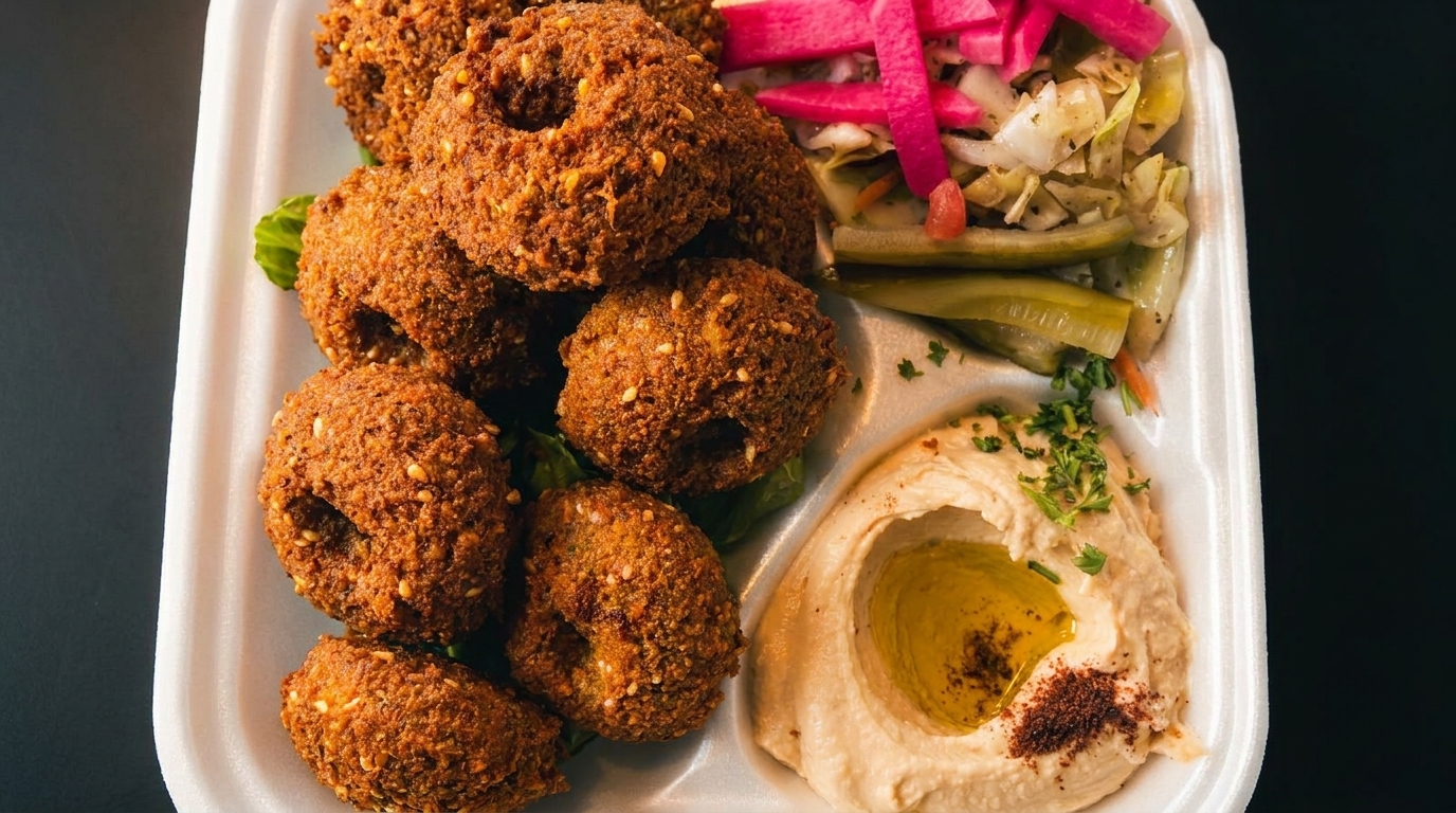 Falafel platter with hummus, pickled vegetables, and salad in a white takeout container.