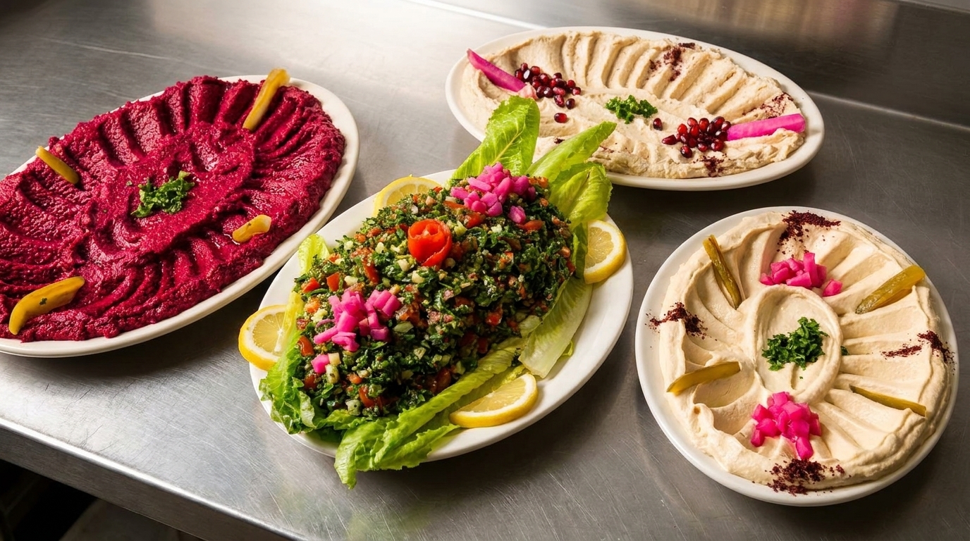Plates of vibrant Middle Eastern dips and salads, including beet hummus, tabbouleh, and traditional hummus.