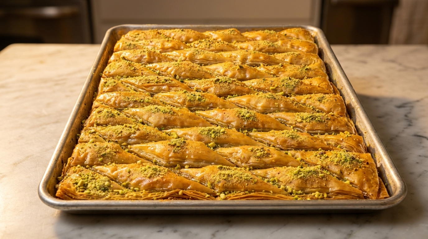 A large tray of golden-brown baklava triangles, generously topped with chopped green pistachios.