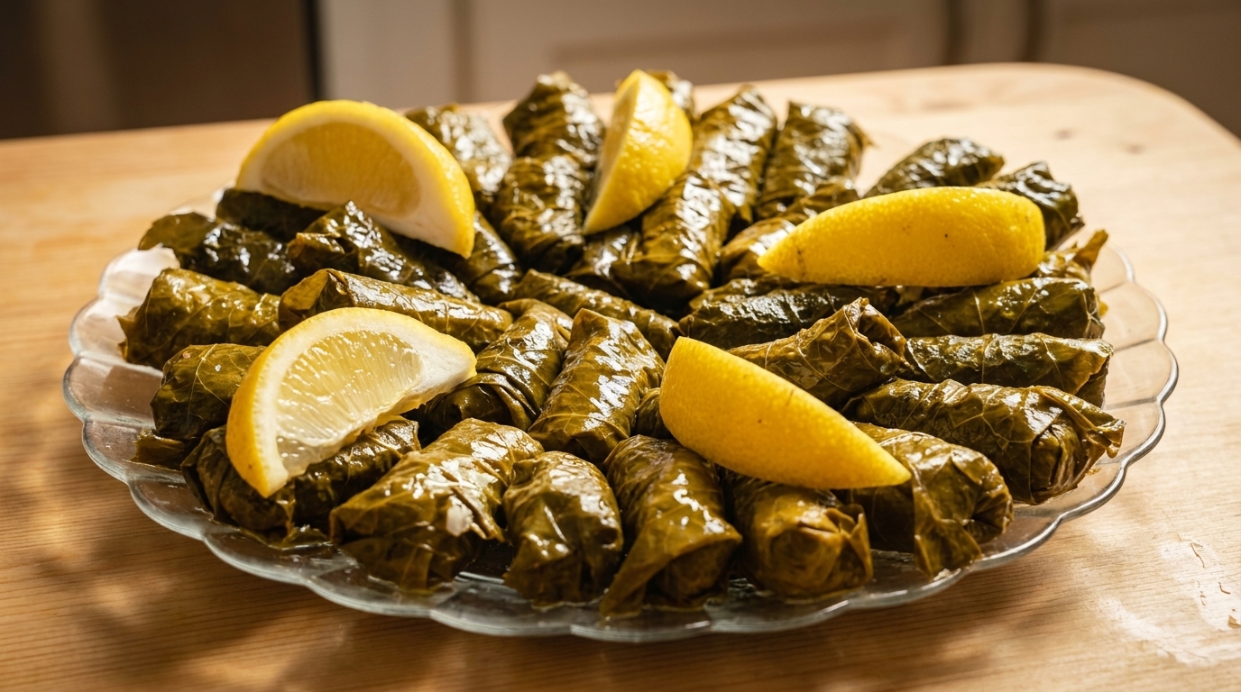 A clear glass plate filled with green dolmades, garnished with several bright yellow lemon wedges.