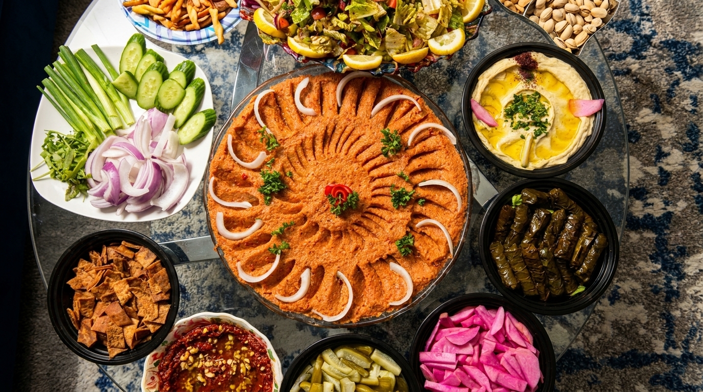 Overhead view of a large spread of Middle Eastern dishes, including hummus, kibbeh, and salads.