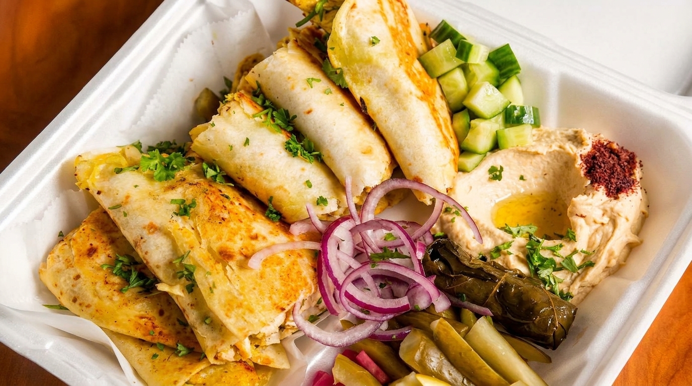 A takeout container filled with rolled flatbreads, hummus, diced cucumbers, pickled vegetables, and red onions.