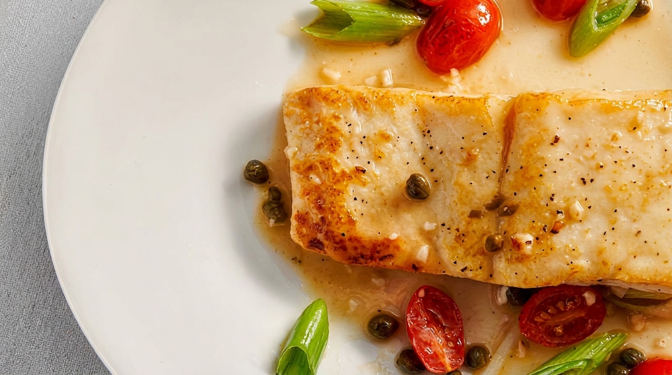 Close-up of pan-seared fish with cherry tomatoes, capers, and green onions in a light sauce.