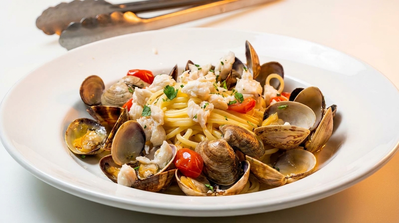 Spaghetti with clams, crab meat, cherry tomatoes, and parsley on a white plate.