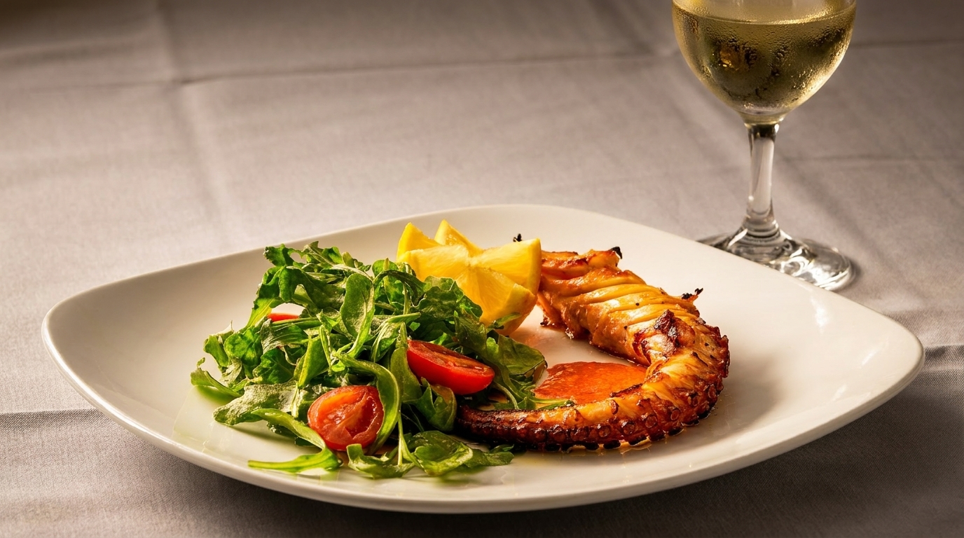 Grilled octopus with a side salad of arugula, cherry tomatoes, lemon wedges, and a glass of white wine.