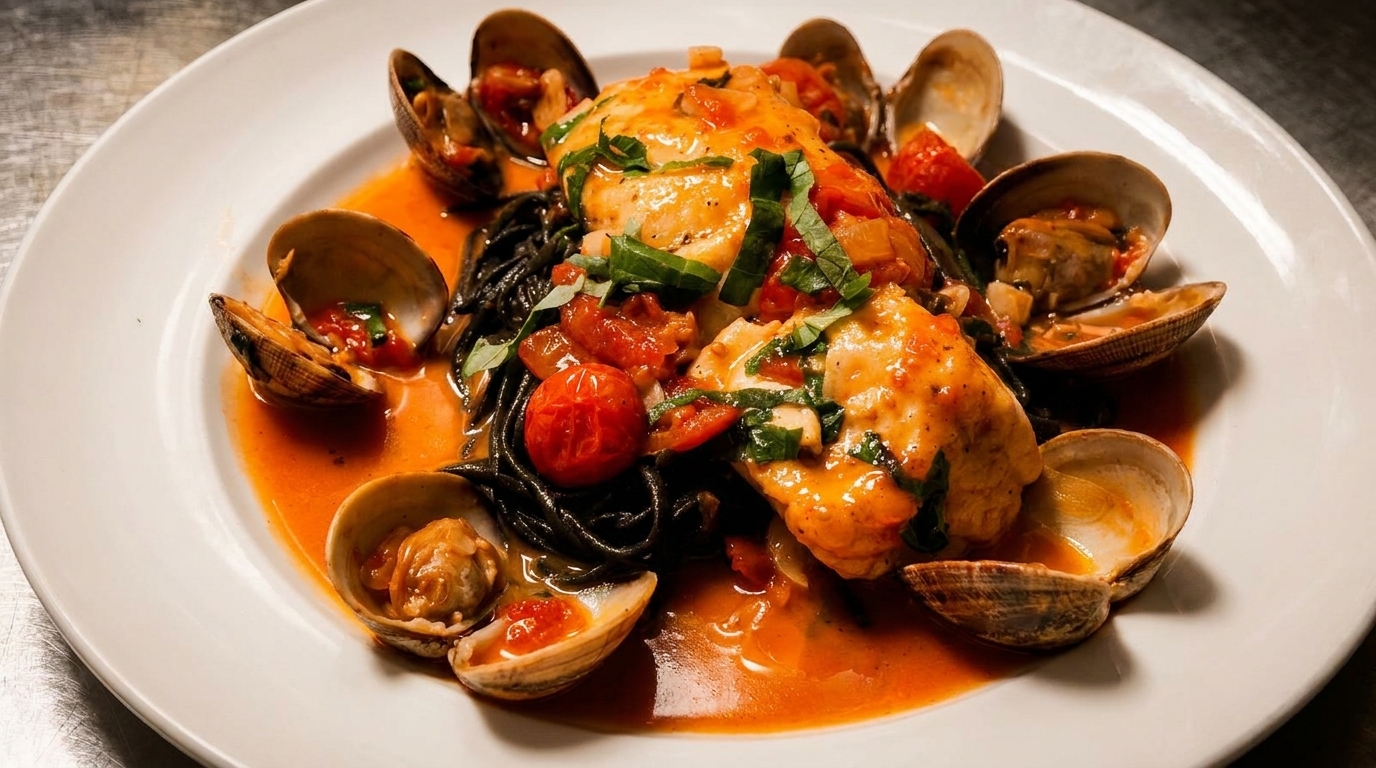 Black squid ink pasta with clams, fish, cherry tomatoes, and basil in a red sauce.