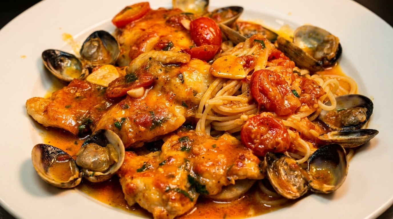 Chicken and clams in a red sauce with cherry tomatoes and spaghetti on a white plate.