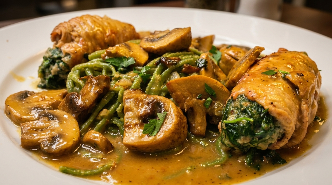 Chicken roulade stuffed with spinach, served with green pasta, mushrooms, and sauce.