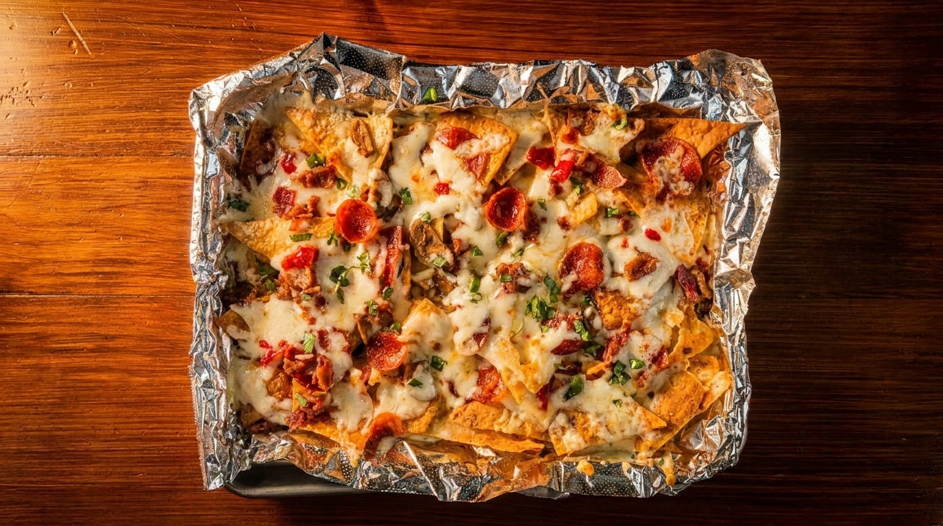 Loaded nachos with melted cheese, pepperoni, bacon, and herbs in a foil-lined tray.